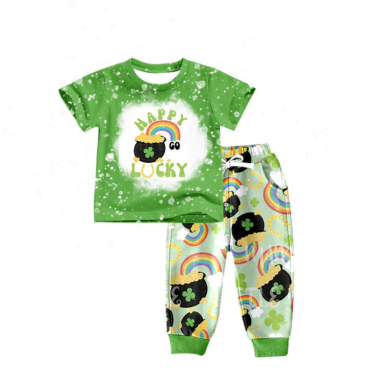 BSPO0219 Saint Patrick happy lucky rainbow green short sleeve pants boys set