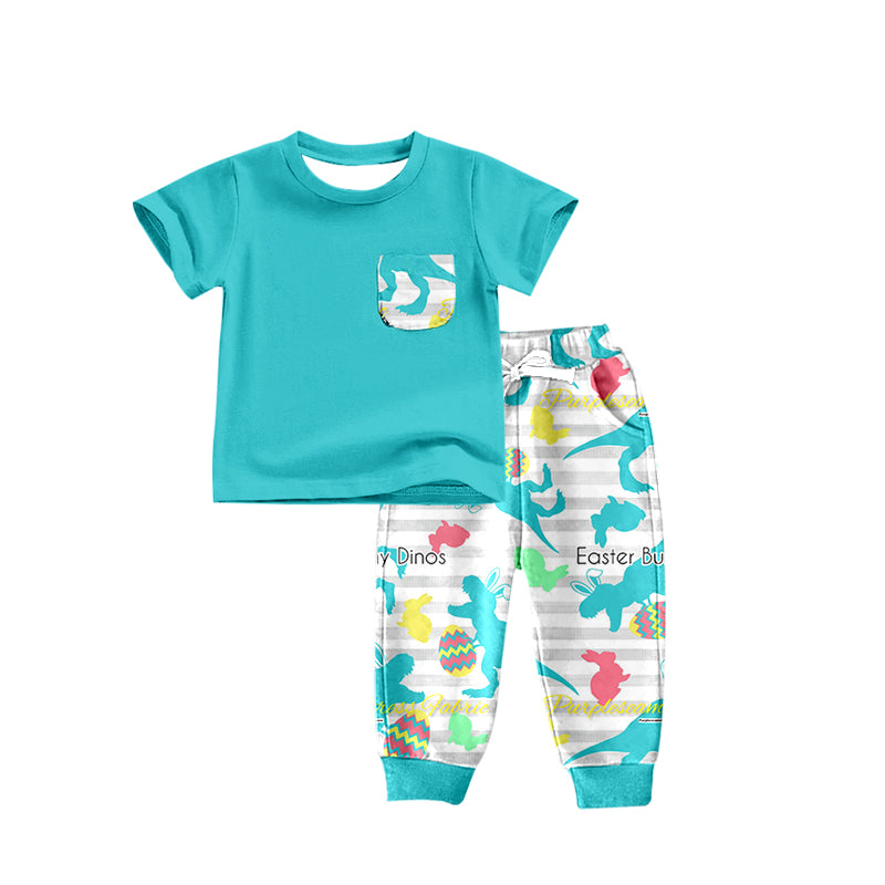 preorder BSPO0230 Easter dinosaur blue pocket short sleeve striped pants boys set