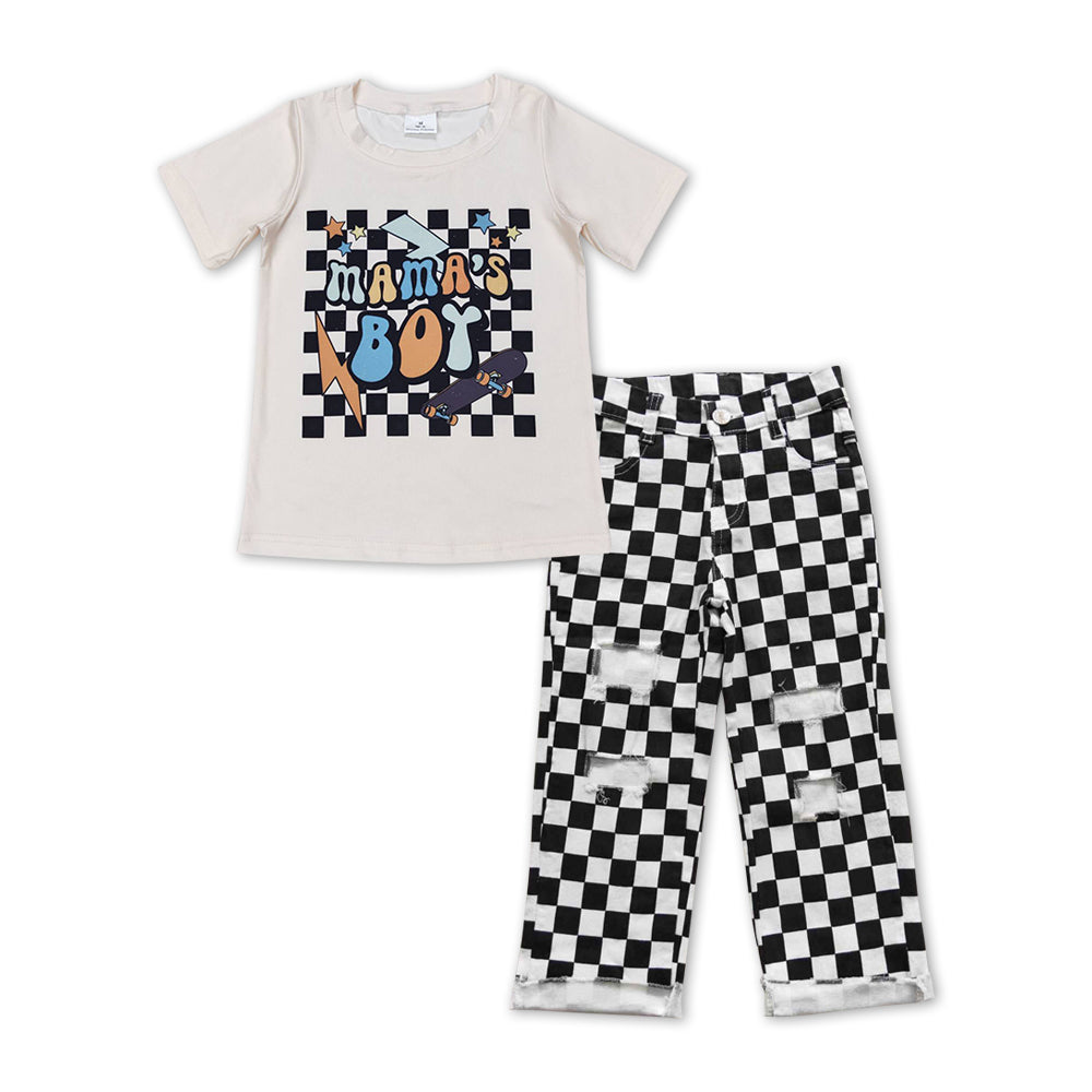 BSPO0243 Mamas Boy cartoon short sleeve black checkered ripped denim pants boys set