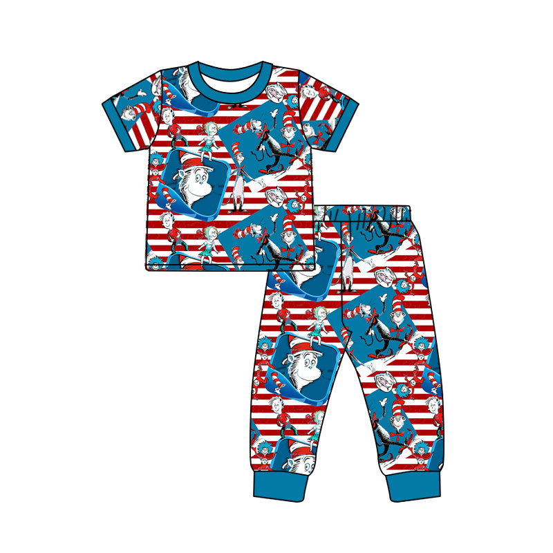 preorder BSPO0245 Christmas cartoon Dr red striped short sleeve pants boys set