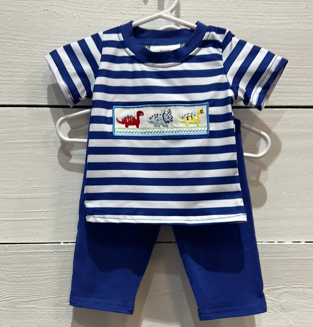 preorder BSPO0247 Dinosaur navy striped short sleeve navy blue shorts boys set
