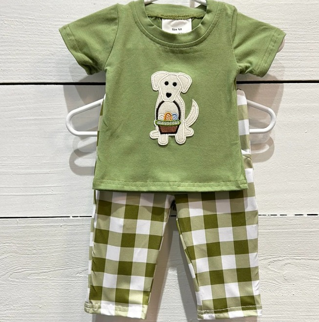 preorder BSPO0248 Easter dog egg green short sleeve checkered pants boys set