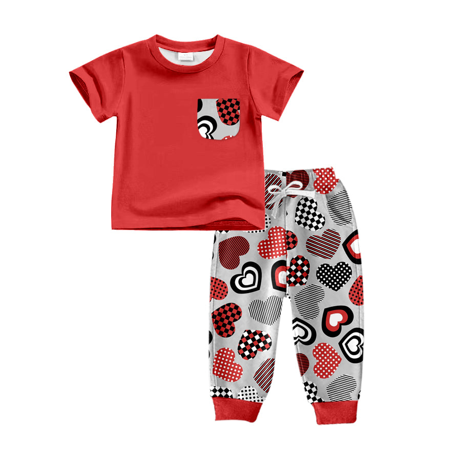 preorder BSPO0259 Valentine's Day heart red pocket short sleeve grey pants boys set