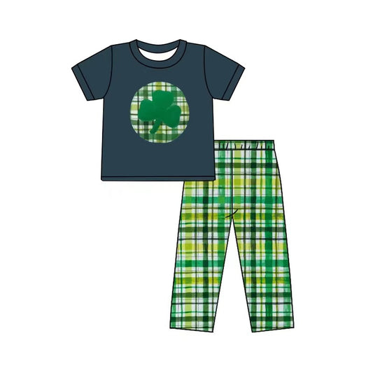 preorder BSPO0263 Saint Patrick black short sleeve green checkered pants boys set