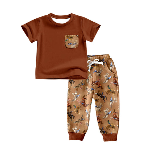 preorder BSPO0272 Western Pocket Brown Short Sleeve Horse Rodeo Pants Boys Set