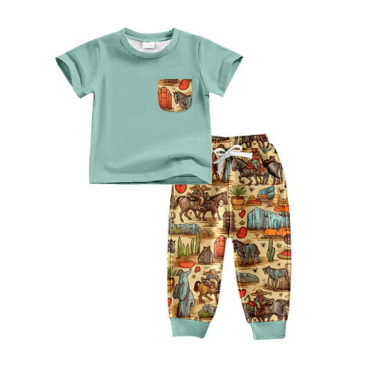 preorder BSPO0282 Western Pocket Blue Short Sleeve Cactus Rodeo Brown Pants Boys Set