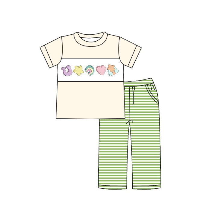 preorder BSPO0287 Stain Patrick Heart Star Horse Shoe Rainbow Short Sleeve Green Striped Pants Boys Set