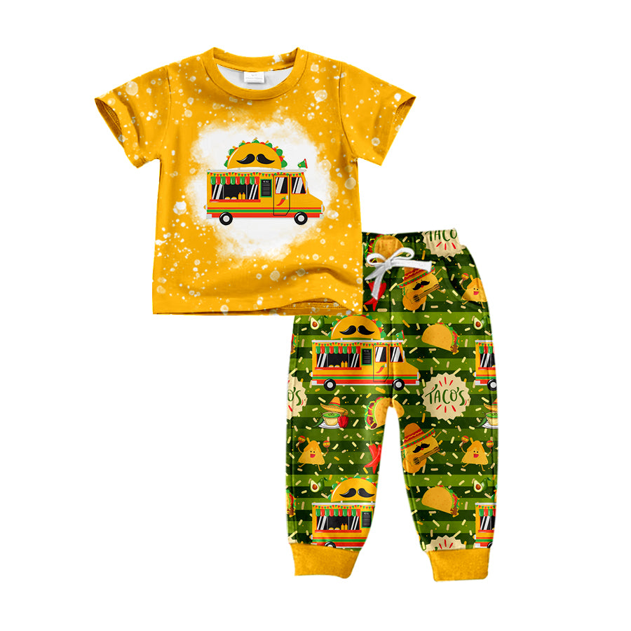 preorder BSPO0289 Taco Bus Orange Short Sleeve Green Striped Pants Boys Set
