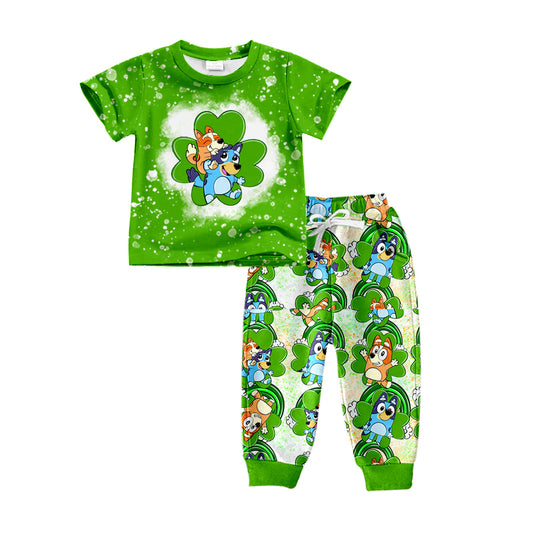 preorder BSPO0290 Baby Boy Clover Blue Dog Green Short Sleeve Pants Boys Set Kids Saint Patrick Clothes