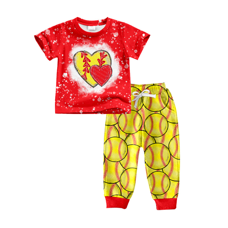 preorder BSPO0292 Baby Boy Softball Red Short Sleeve Yellow Pants Boys Set Kids Valentine's Day Clothes