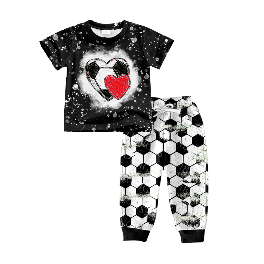 preorder BSPO0293 Baby Boy Clothes Soccer Heart Black Short Sleeve Black White Checkered Pants Boys Set Kids Valentine's Day Clothes