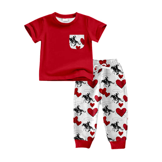 preorder BSPO0296 Western Rodeo Heart Red Pocket Short Sleeve Pants Boys Set Kids Valentine's Day Clothes