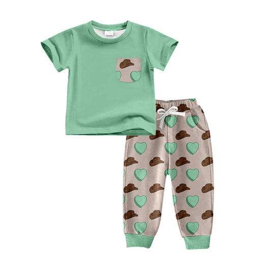 preorder BSPO0297 Western Green Heart Pocket Short Sleeve Pockets Pants Boys Set