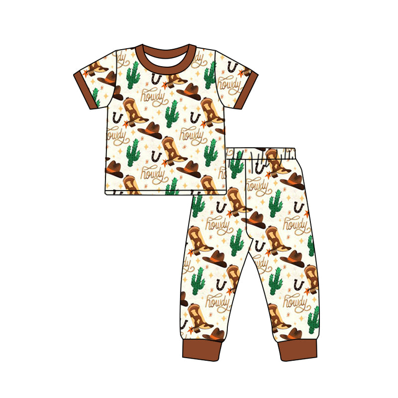 preorder BSPO0310 Western Cactus Boot Hat Brown Short Sleeve Pants Boys Pajamas