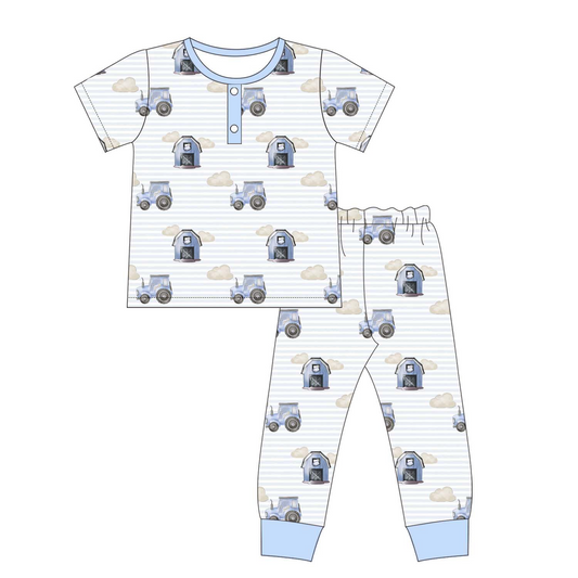 preorder BSPO0331 Farm tractor house blue short sleeve pants boys pajamas