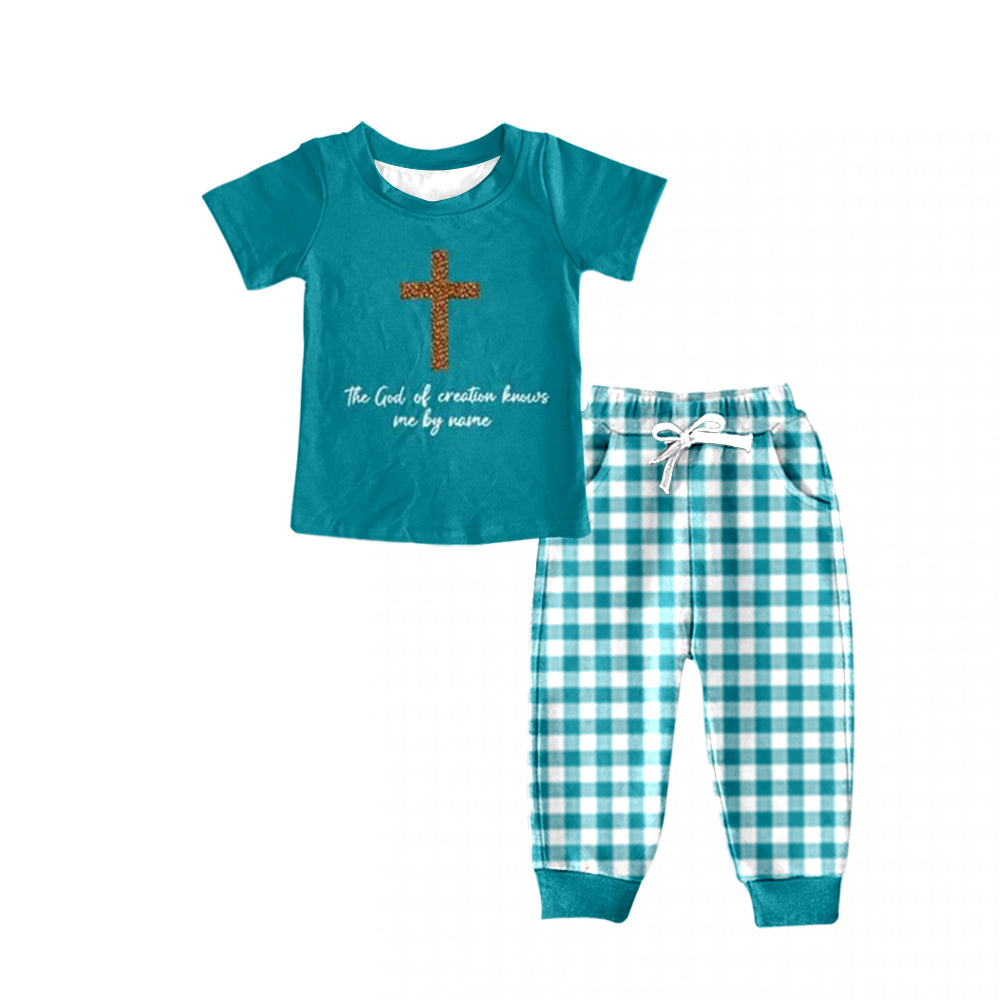 preorder BSPO0356 cross green short sleeve green checkered pants boys set