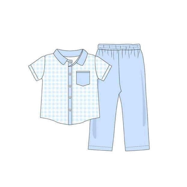 preorder BSPO0466 blue checkered pocket short sleeve blue pants boys set