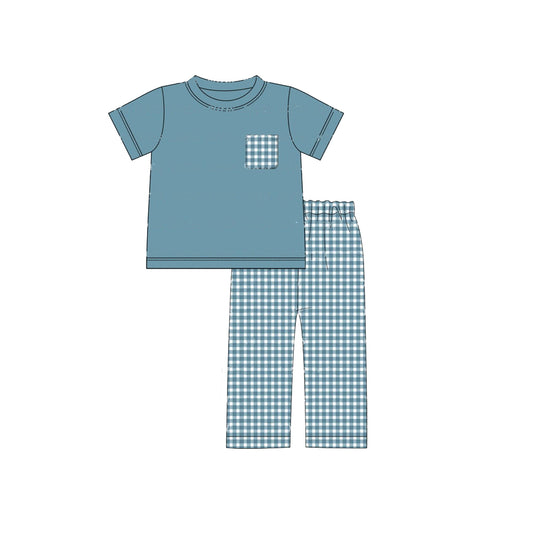 preorder BSPO0367 Autumn full black pocket short sleeve blue checkered pants boys set