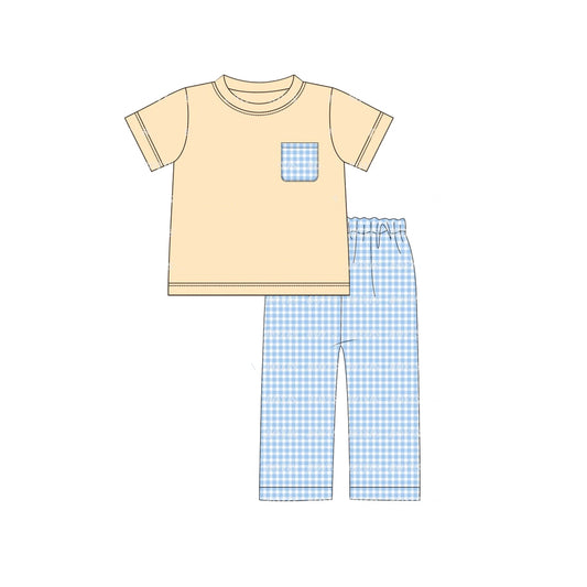 preorder BSPO0368 Autumn full orange pocket short sleeve blue checkered pants boys set