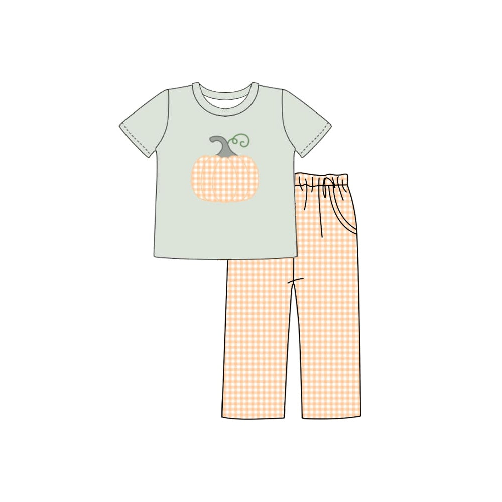 preorder BSPO0370 Autumn pumpkin green short sleeve orange checkered pants boys set