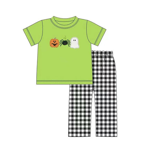 preorder BSPO0374 Halloween pumpkin ghost spider green short sleeve black checkered pants boys set