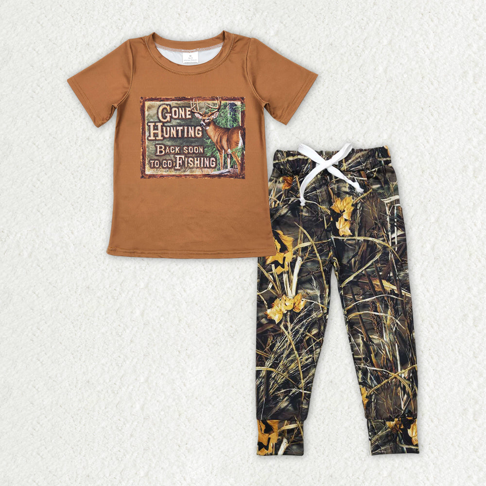 BSPO0377 gone hunting back soon to go fishing deer short sleeve camo pants boys set