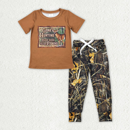 BSPO0377 gone hunting back soon to go fishing deer short sleeve camo pants boys set