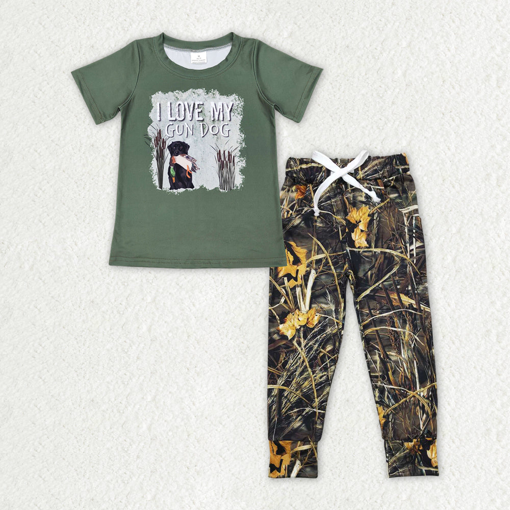 BSPO0378 i love my gun dog mallard green short sleeve camo pants boys set