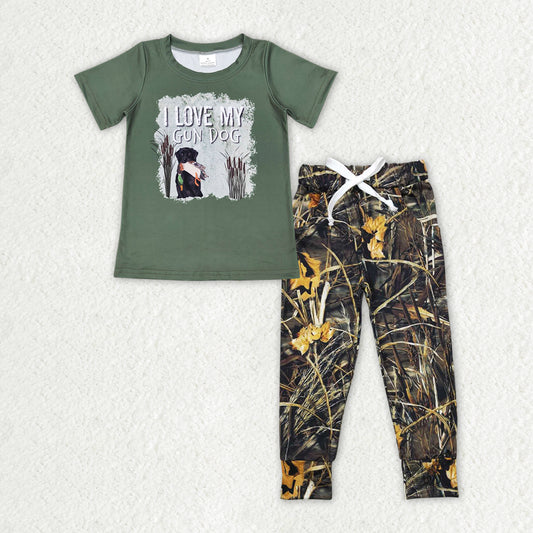 BSPO0378 i love my gun dog mallard green short sleeve camo pants boys set
