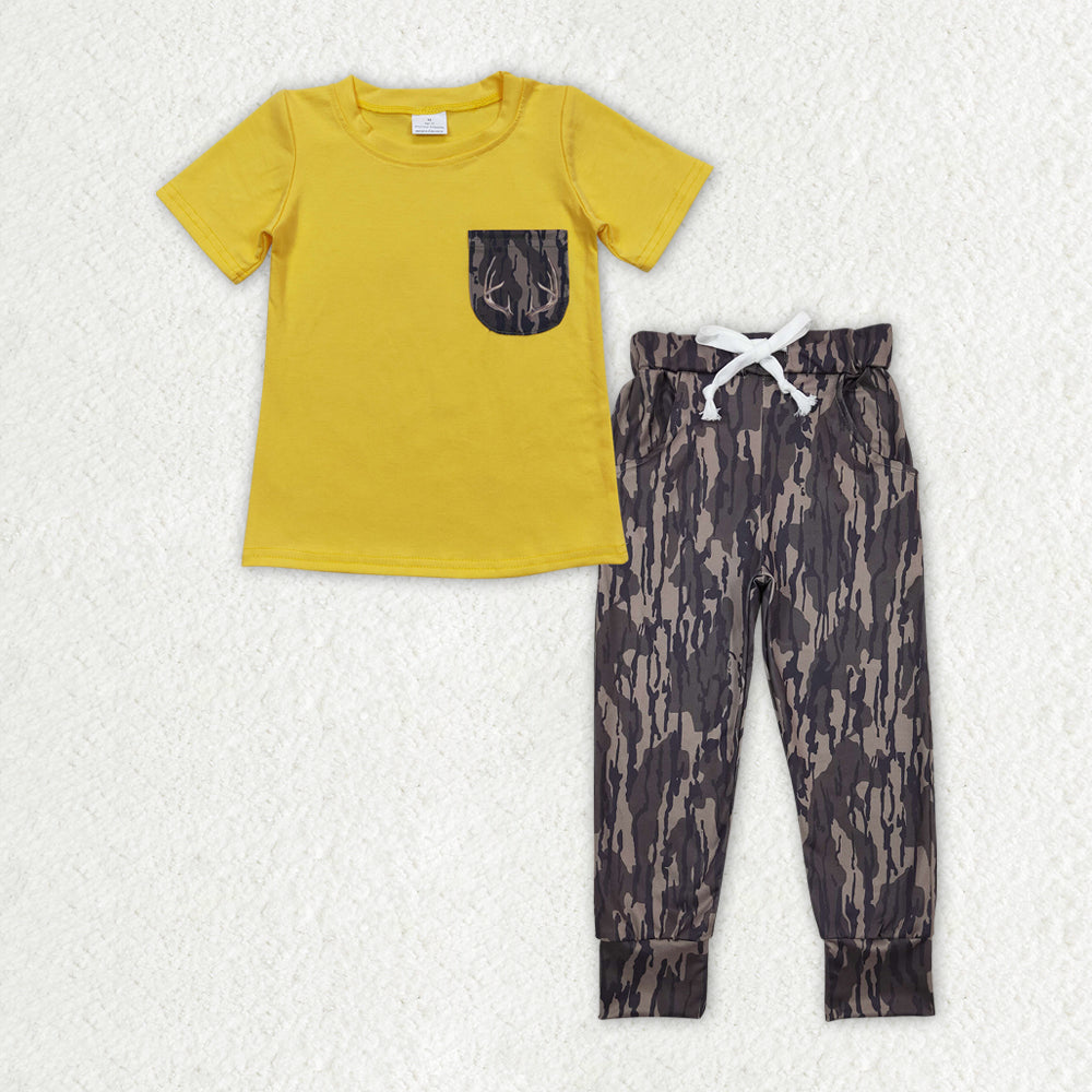 BSPO0379 yellow deer pocket short sleeve camo pants boys set
