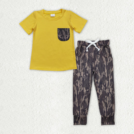 BSPO0379 yellow deer pocket short sleeve camo pants boys set
