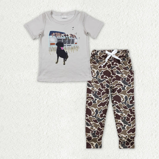 BSPO0381 hunting dog mallard grey short sleeve camo pants boys set