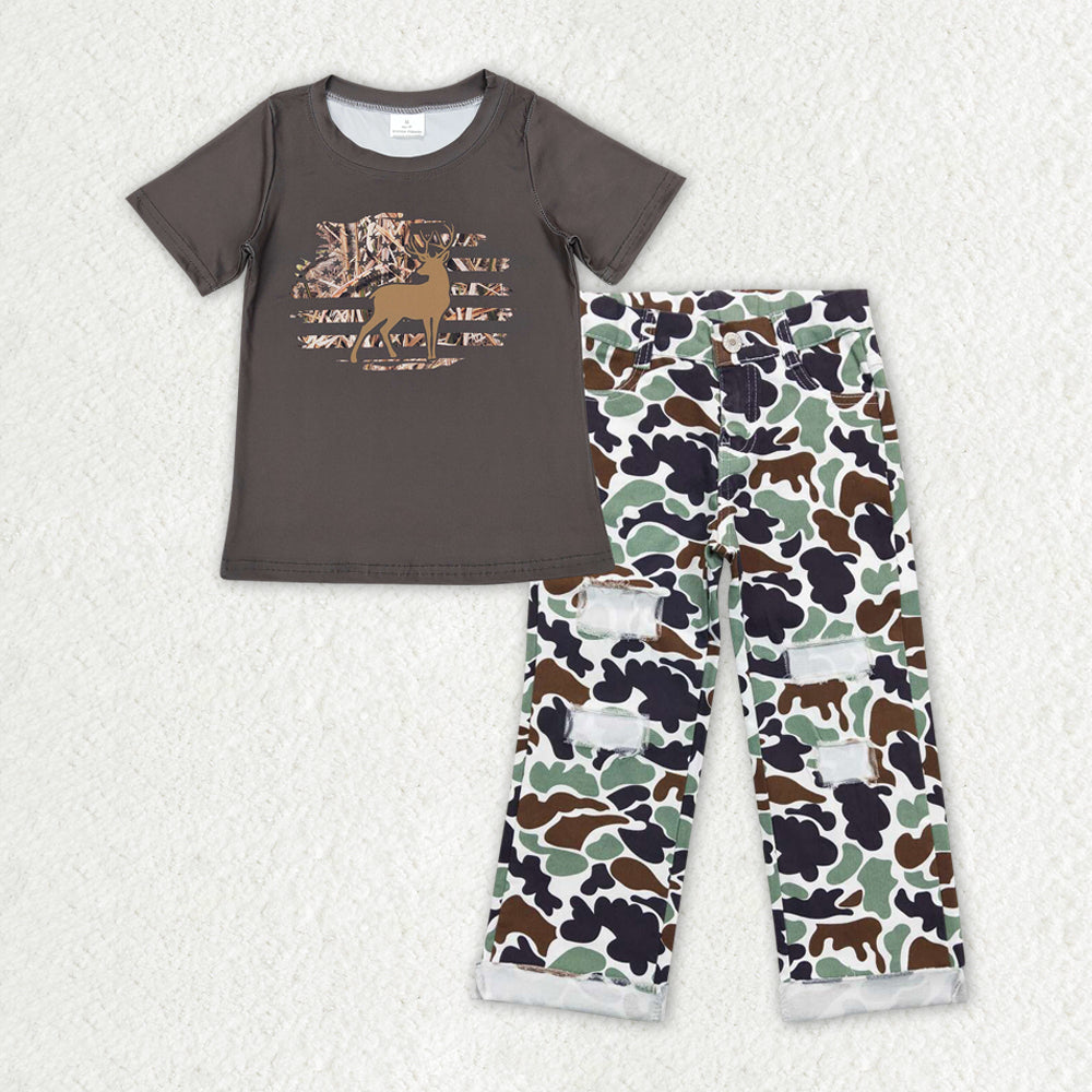 BSPO0395 Hunting deer dark grey short sleeve top camo hole denim pants boys jeans set