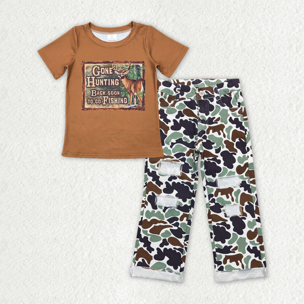 BSPO0396 Hunting deer dark brown short sleeve top camo hole denim pants boys jeans set