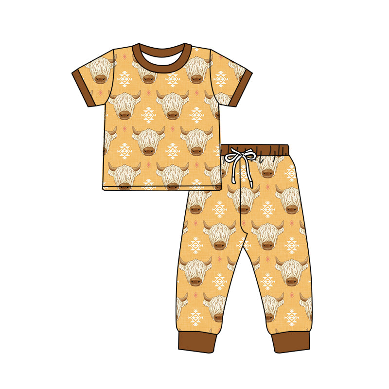 preorder BSPO0407 Western Aztec highland cow yellow short sleeve pants boys pajamas