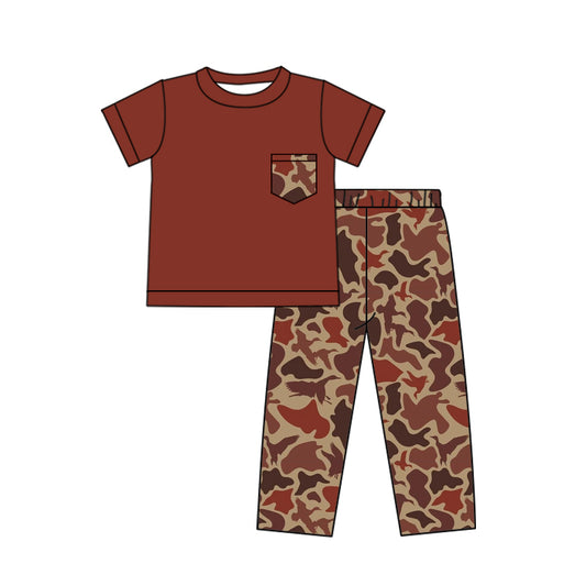 preorder BSPO0414 maroon pocket short sleeve camo pants boys set