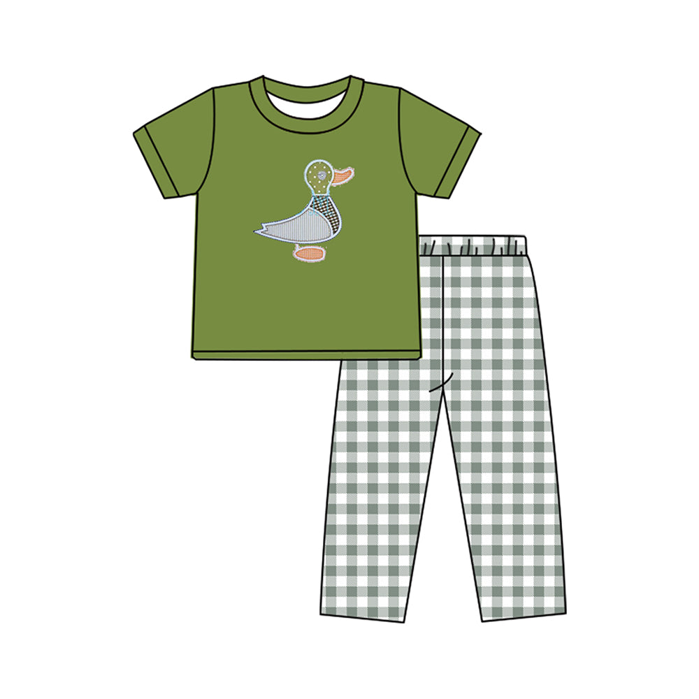 preorder BSPO0420 cute duck mallard green short sleeve checkered pants boys set