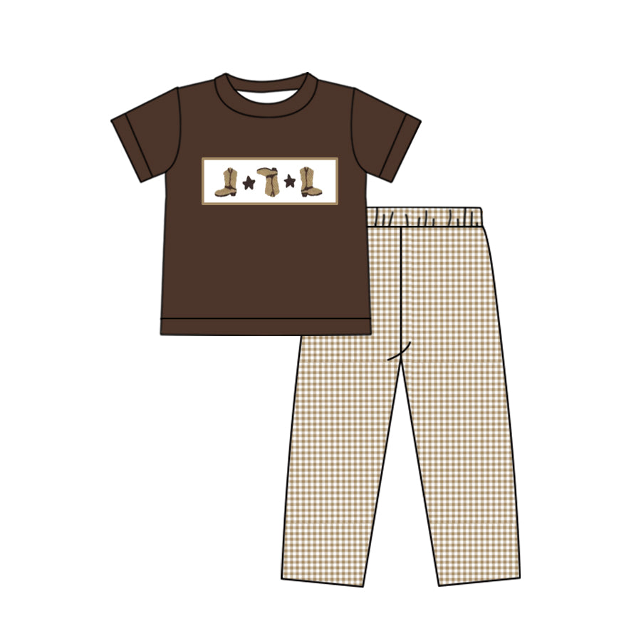 preorder BSPO0424 Western boot star dark brown short sleeve checkered pants boys set