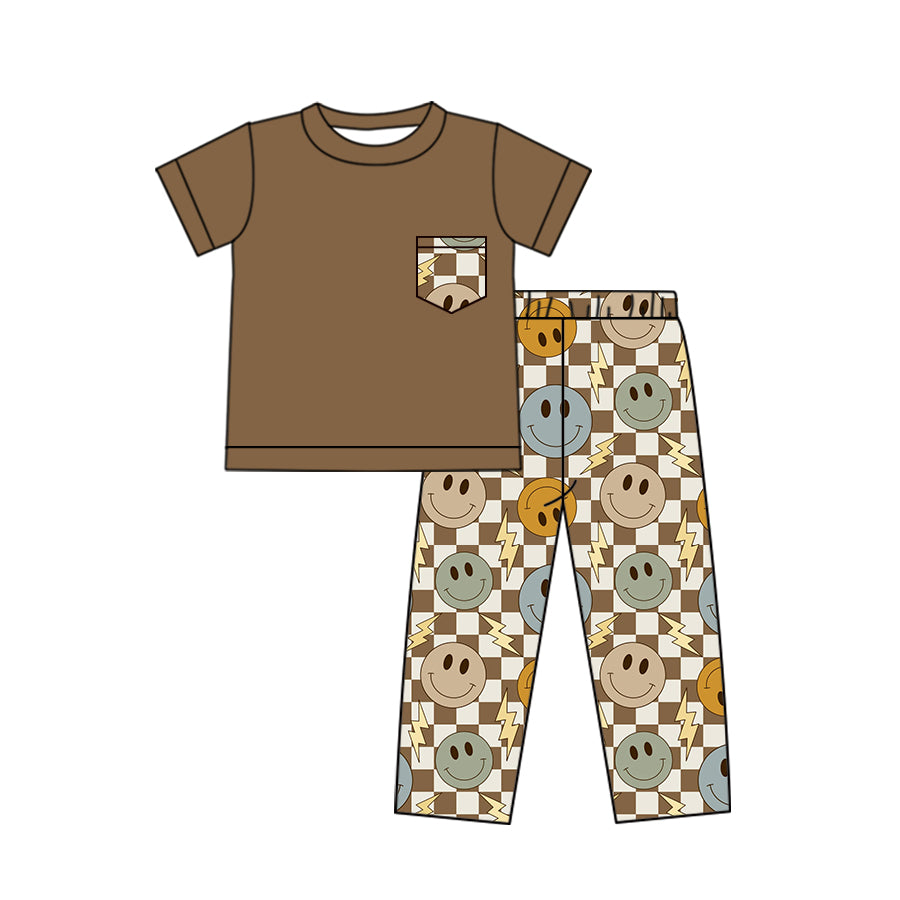 preorder BSPO0425 colorful smile flash brown pocket short sleeve pants boys set