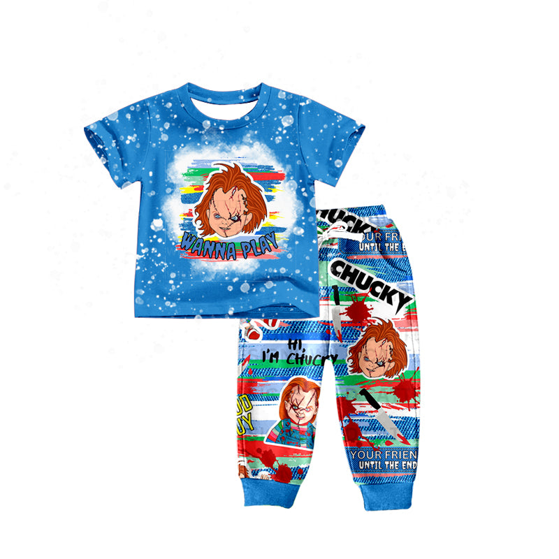 preorder BSPO0429 Halloween wanna play blue short sleeve pants boys set