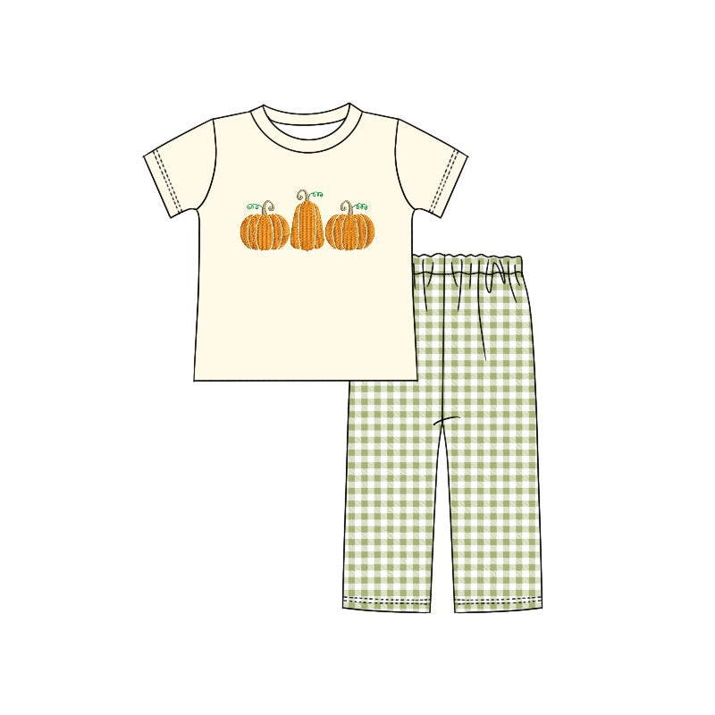 preorder BSPO0437 Autumn full pumpkin short sleeve green checkered pants boys set