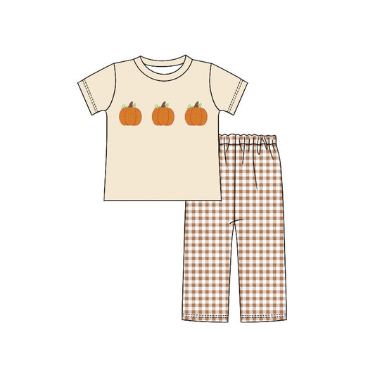 preorder BSPO0438 Autumn full pumpkin short sleeve brown checkered pants boys set