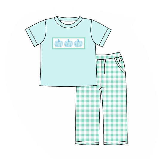 preorder BSPO0446 On October we are wear pumpkin blue short sleeve cyan checkered pants boys set