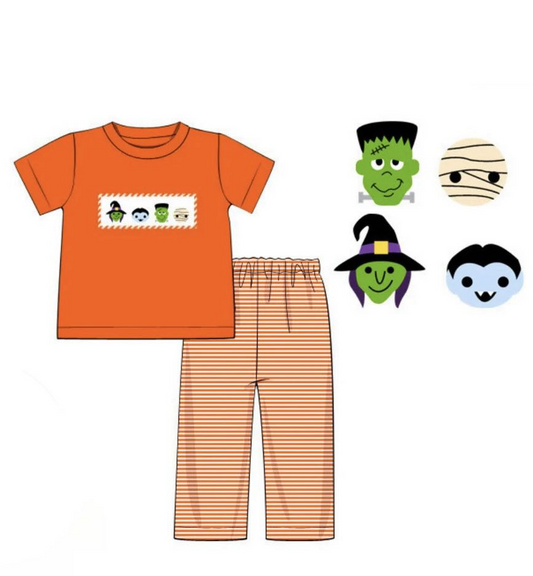 preorder BSPO0449 Halloween green ghost orange short sleeve striped pants boys set