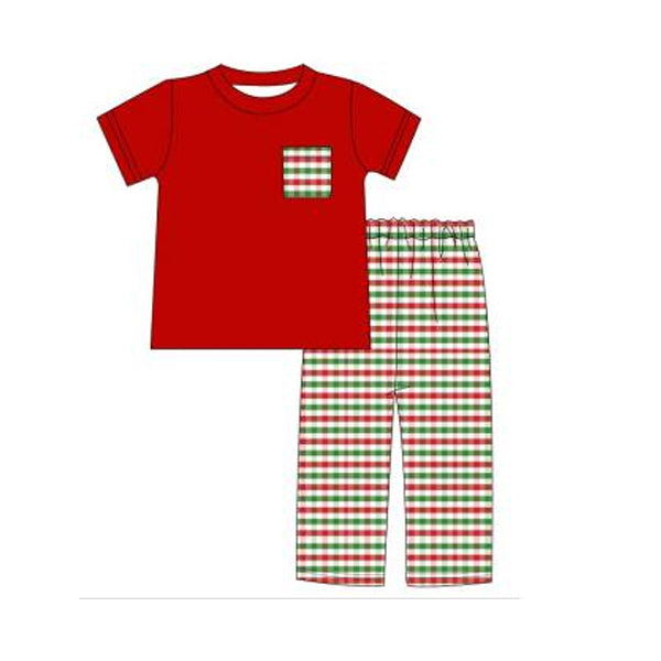 preorder BSPO0450 Christmas pocket red short sleeve red green checkered pants boys set