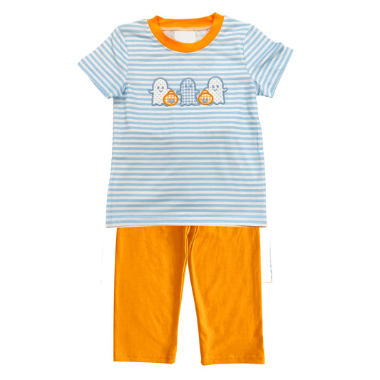 preorder BBSPO0455 Halloween spooky pumpkin blue striped short sleeve orange pants boys set