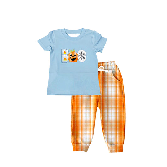 preorder BSPO0456 Halloween Boo smile pumpkin blue short sleeve orange checkered pants boys set