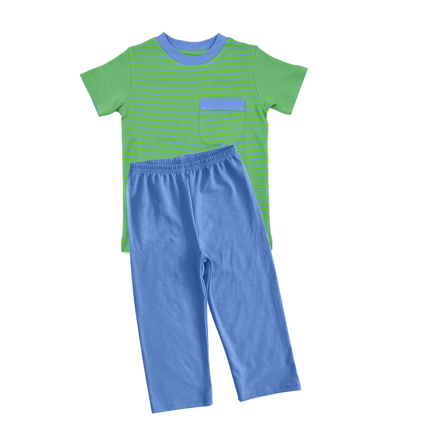 preorder BSPO0457 green striped pocket short sleeve blue pant boys set