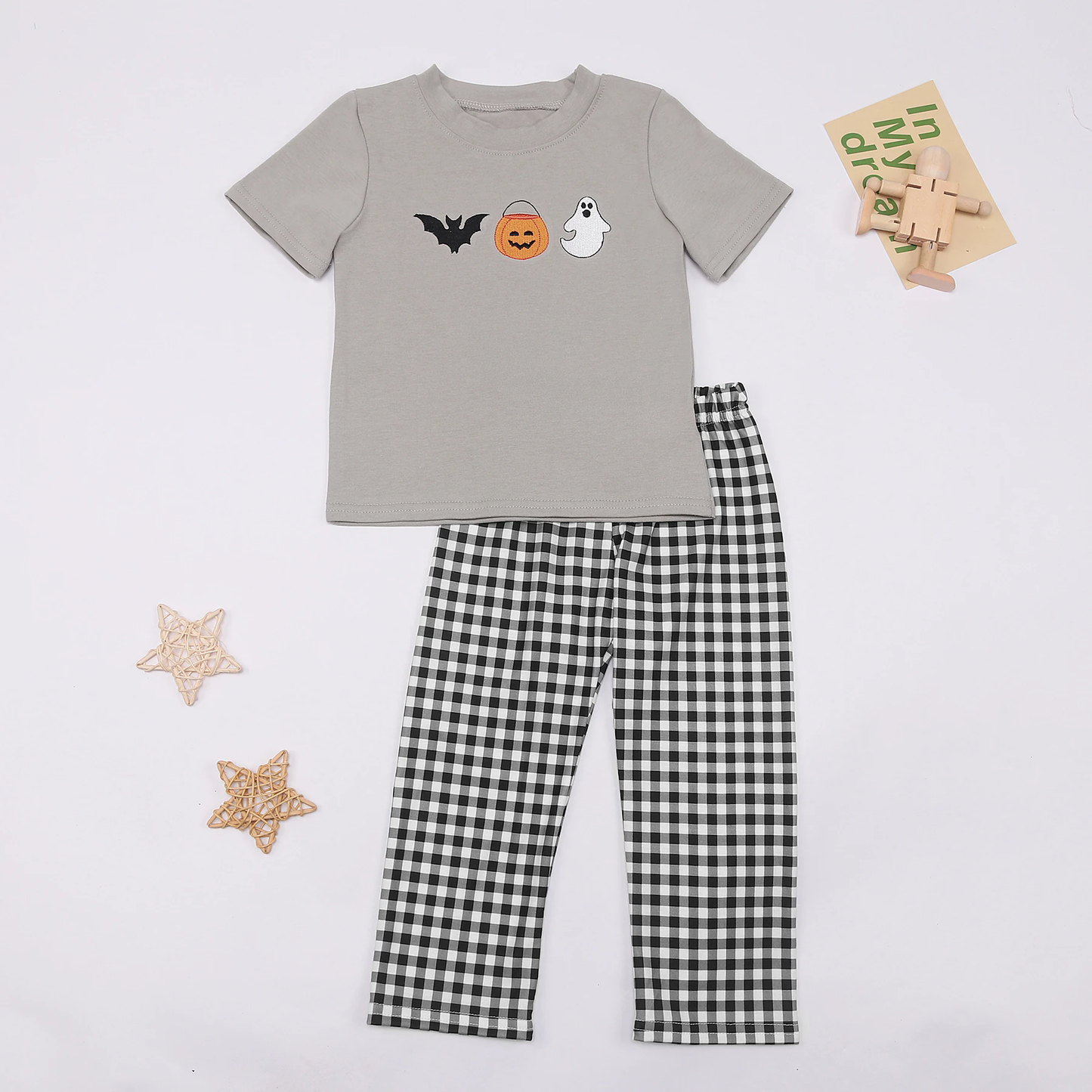 preorder BSPO0458 Halloween spooky bat grey short sleeve black checkered pants boy set