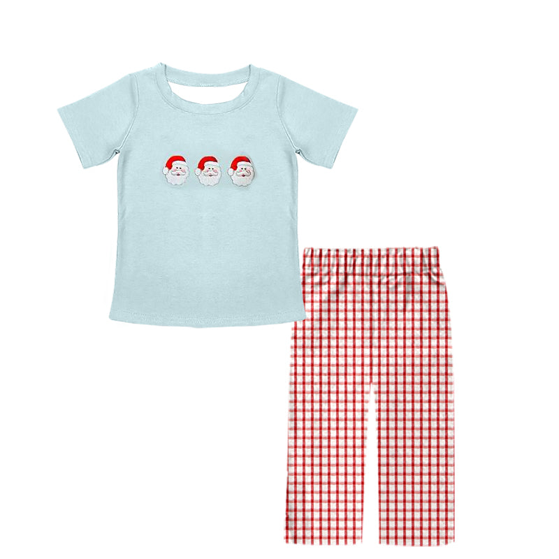 preorder BSPO0459 Christmas Santa blue short sleeve red checkered pants boys set